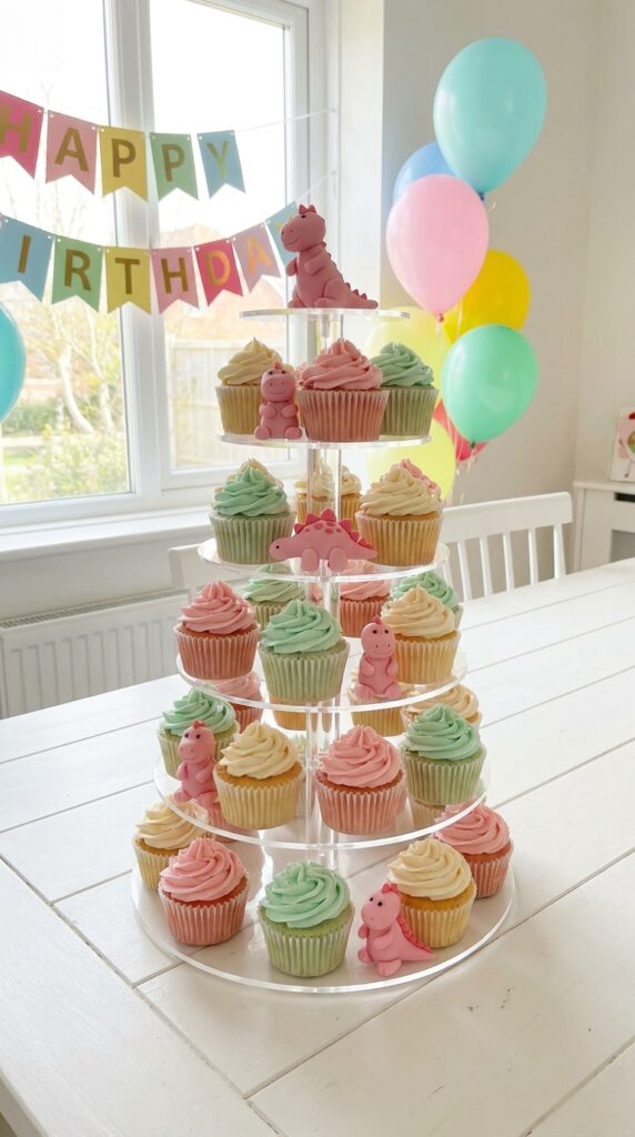 Pink dinosaur cupcake tower display