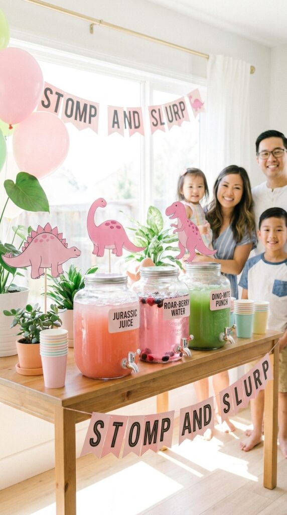 Pink dinosaur drink station setup