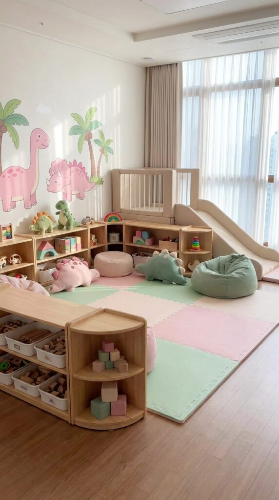 Kids pink dinosaur play area setup