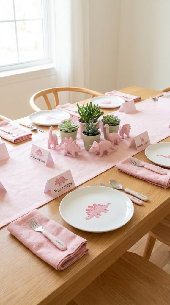 Pink dinosaur table setting for birthday party