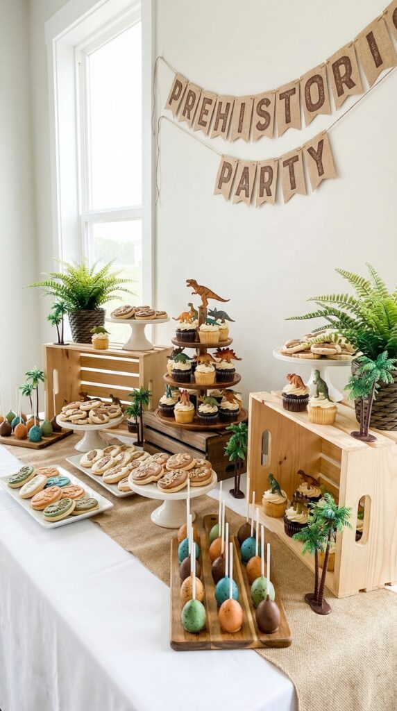 Dinosaur themed dessert bar with cupcakes and treats