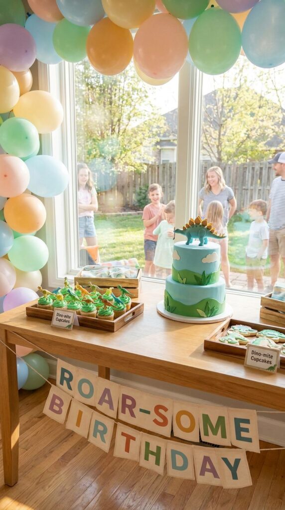 Dinosaur themed dessert table with cake and cupcakes