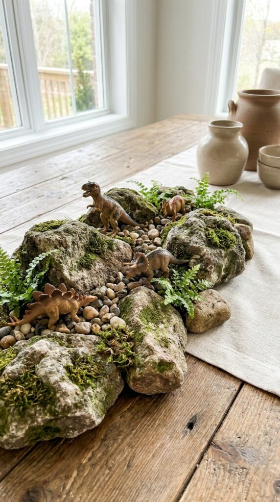 Dinosaur rock display centerpiece with natural elements