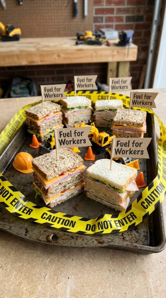 mini construction themed sandwiches arranged with caution tape decor