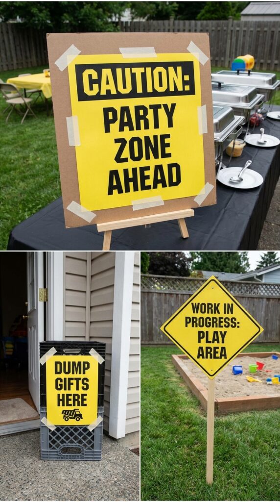 Construction themed signs used as party decorations