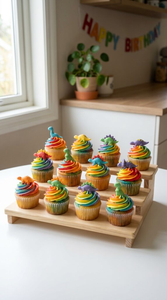 Colorful rainbow dinosaur cupcakes with bright frosting