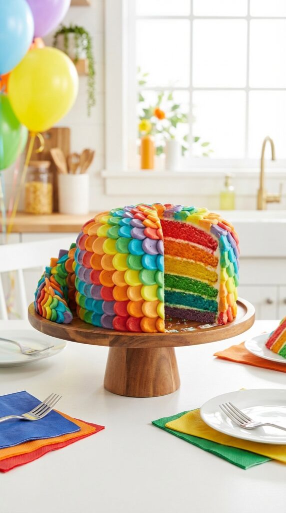Rainbow layered dinosaur birthday cake