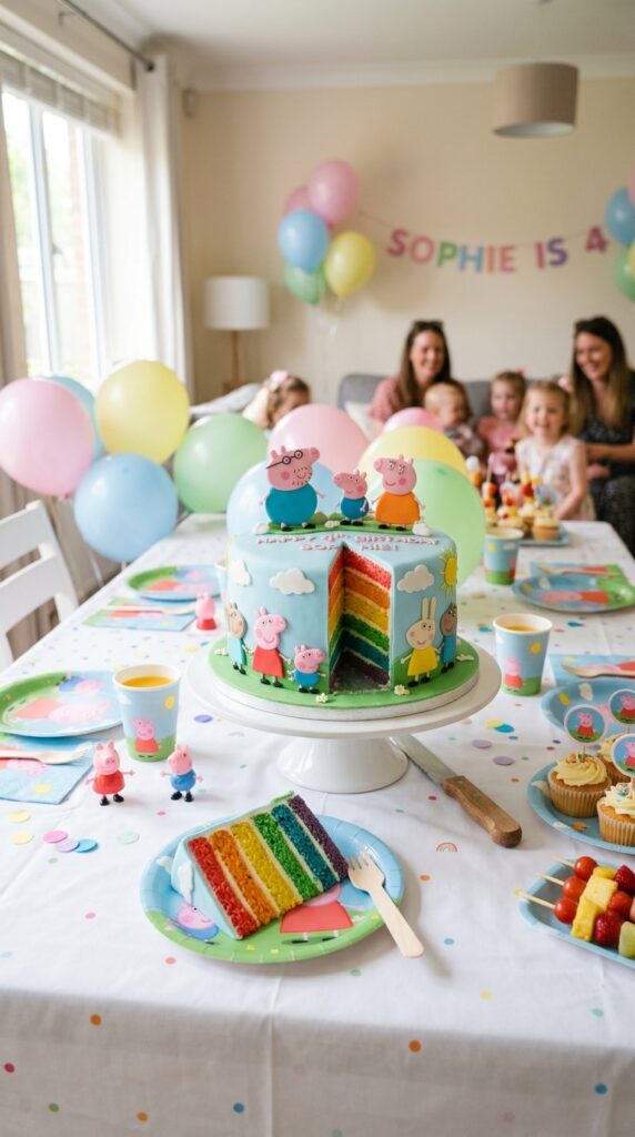Rainbow layered cake with Peppa Pig themed exterior