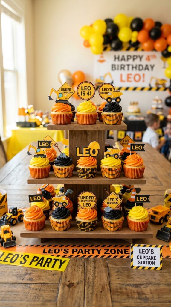 Personalized cupcakes with names for kids construction party