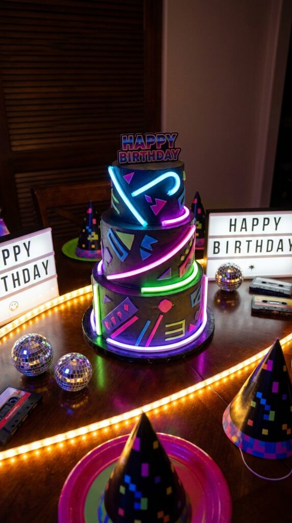 80s neon themed Stranger Things cake