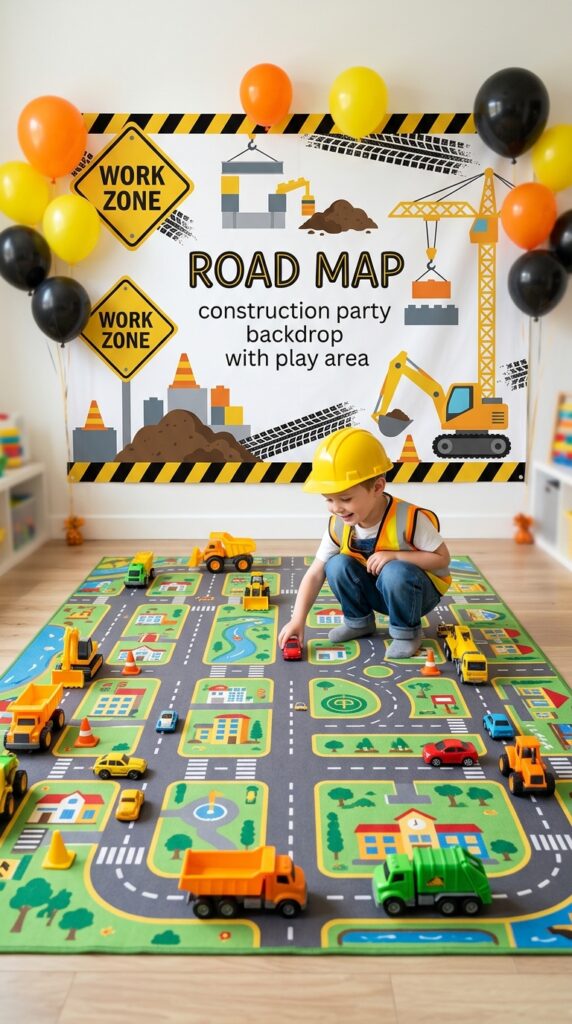 road map construction party backdrop with play area