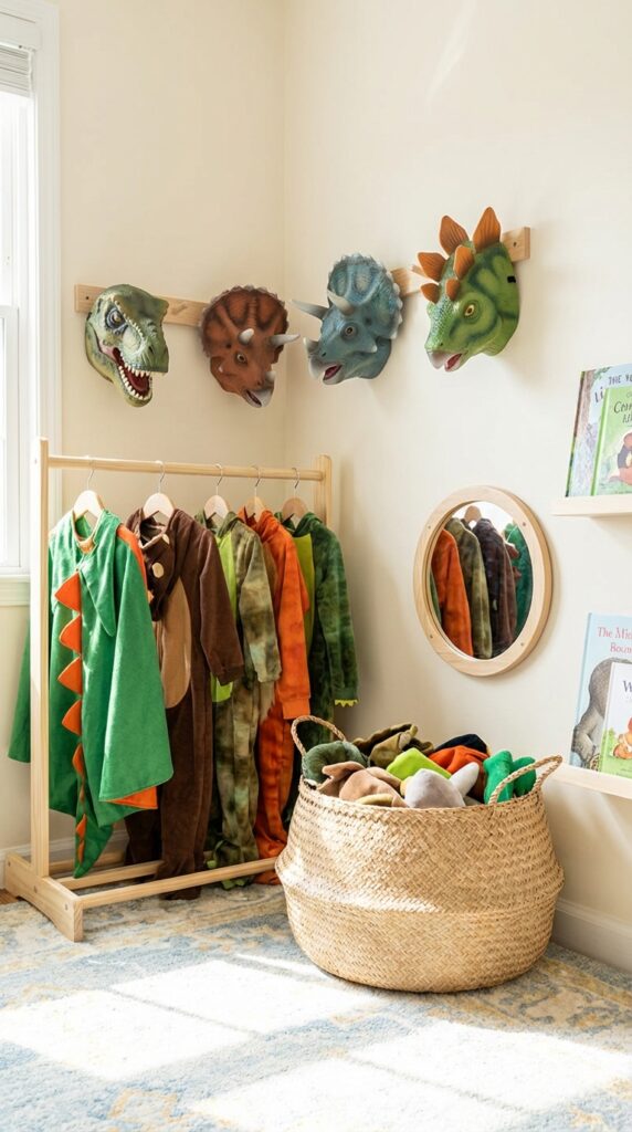Kids dinosaur costume corner with masks and props