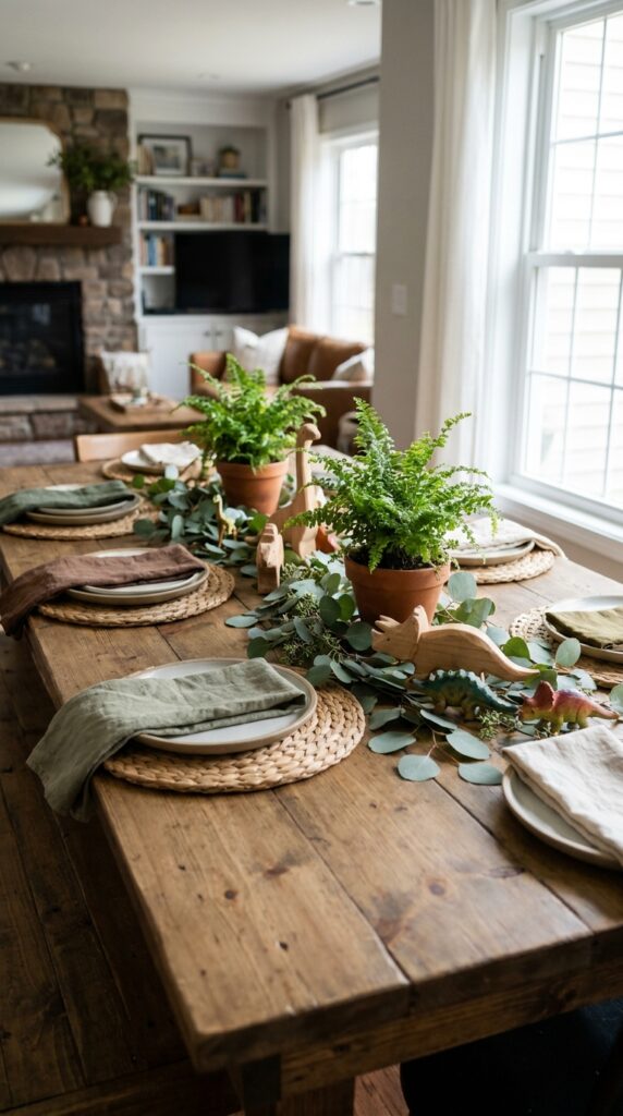 Rustic dinosaur birthday table with wooden decor