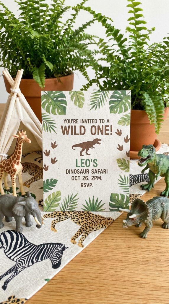 Safari themed dinosaur invitation with greenery