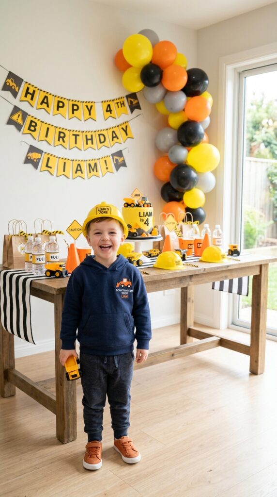 Kid wearing safety stripe hoodie construction party outfit