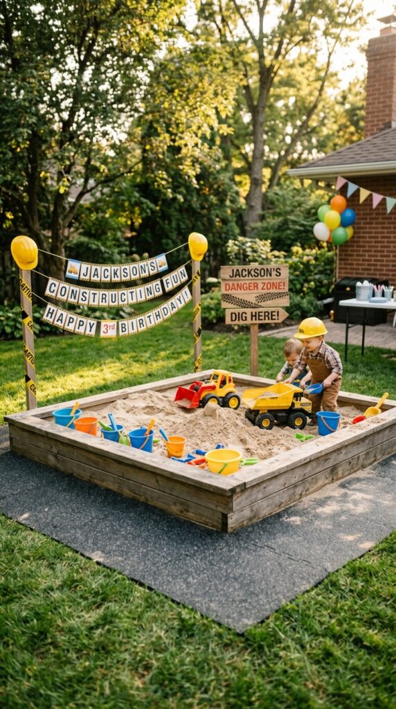 A construction themed sand digging station designed for toddlers, offering engaging sensory play that keeps little guests entertained.