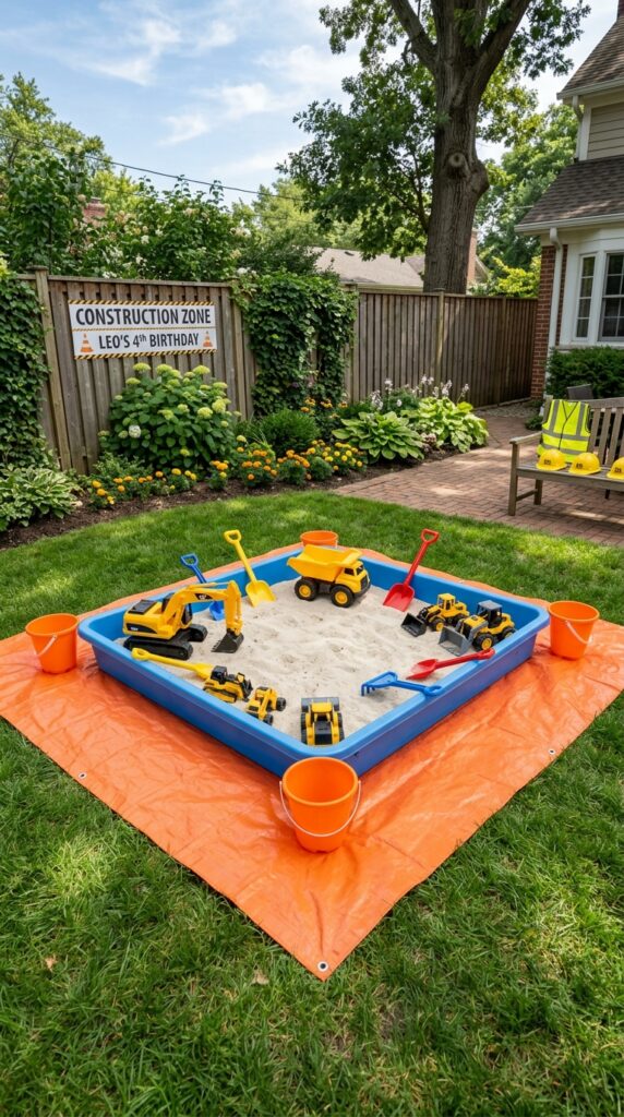 kids sand play construction activity with toy trucks