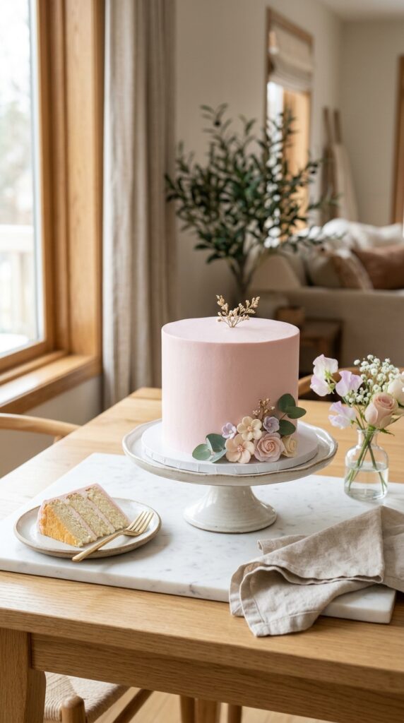 Smooth pink buttercream cake with simple Peppa Pig decorations