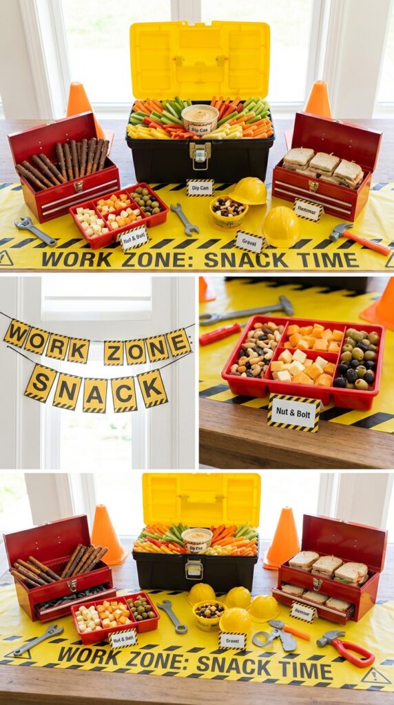 Construction tool themed snack display for kids party