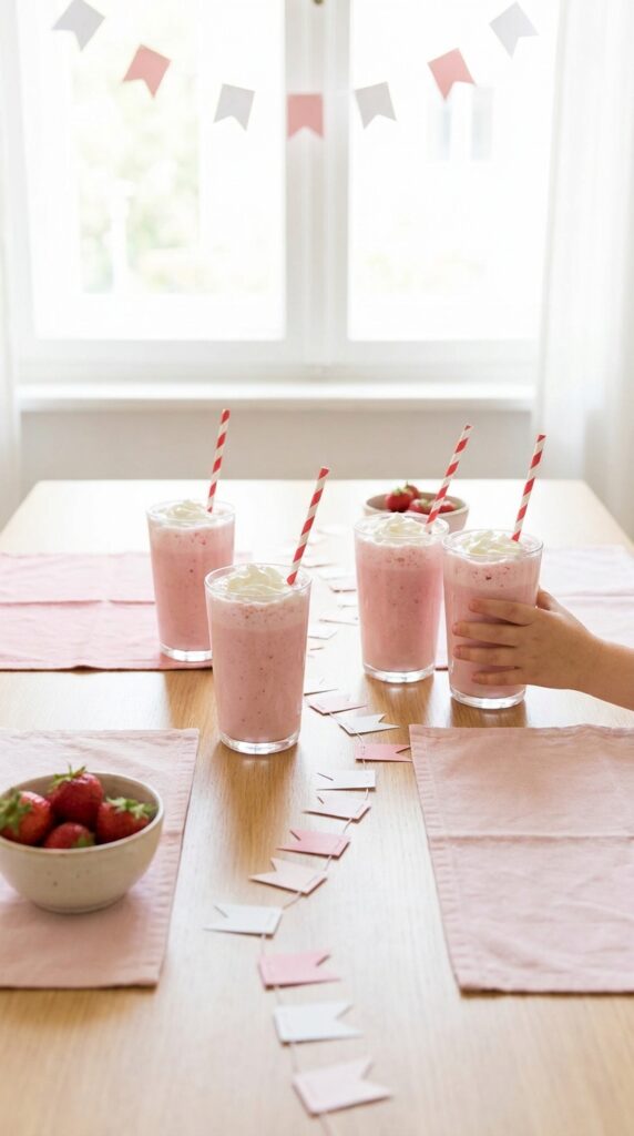 Pink strawberry milkshakes in clear glasses with straws