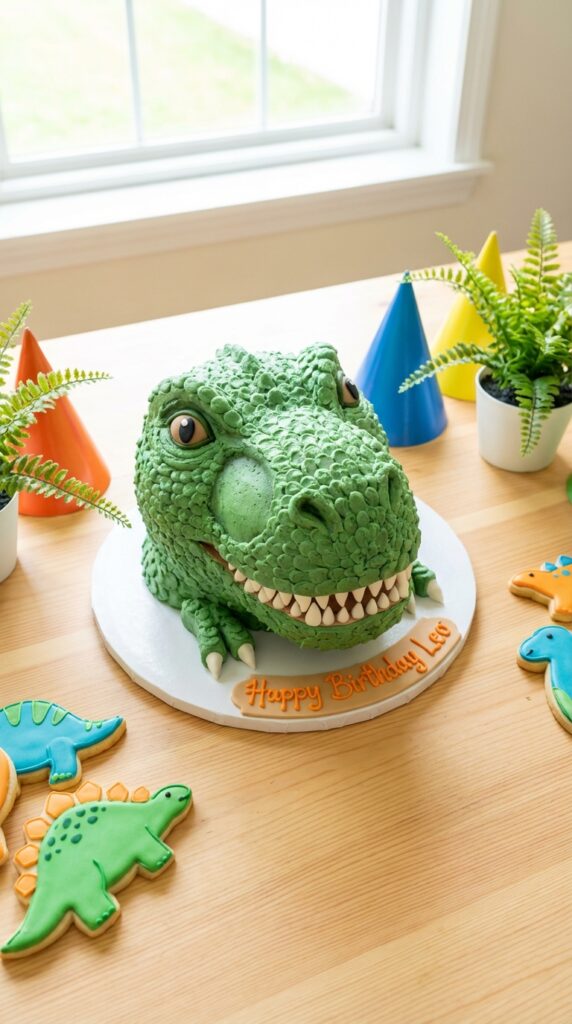 T-Rex face shaped birthday cake