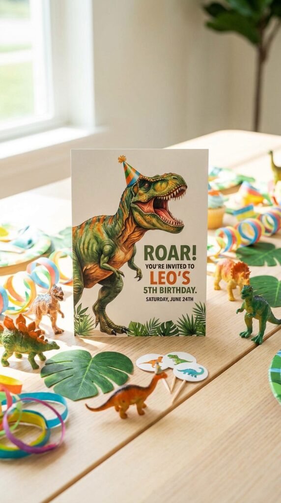 T-Rex roar themed birthday invitation with bold colors