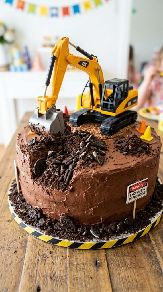 Excavator digging cake with chocolate dirt