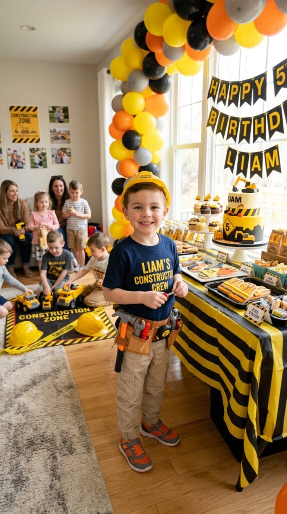 Child wearing toy tool belt construction birthday outfit