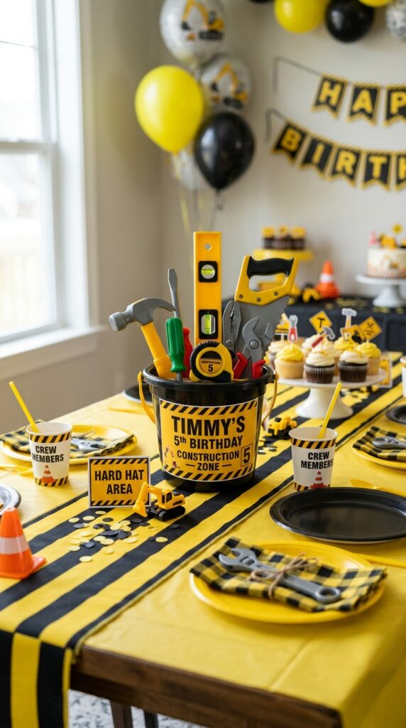 Tool bucket centerpiece with toy tools and caution ribbon
