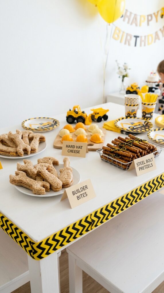 Construction themed snacks shaped using cookie cutters and arranged like tools, creatively labeled and served in toddler-friendly portions for a fun and engaging presentation.