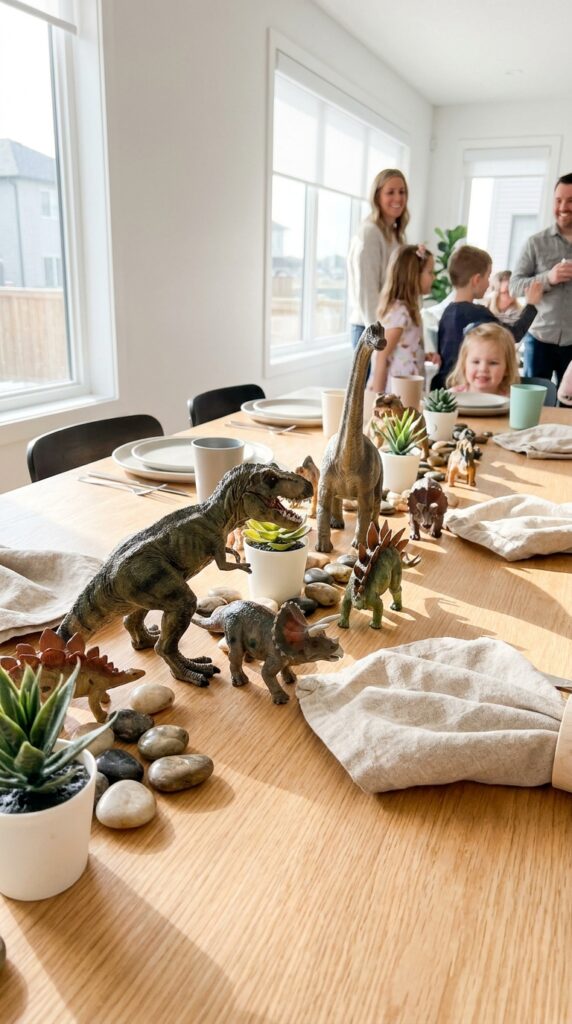 Dinosaur toy centerpiece birthday table setup