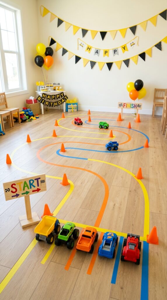 toy truck race track setup for kids birthday party indoor