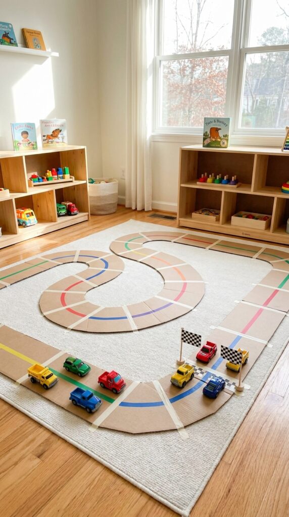 Kids playing toy truck race game at party