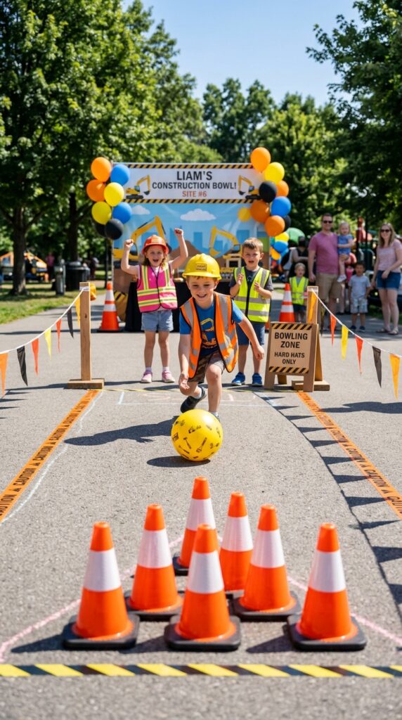 Kids playing bowling with construction cones