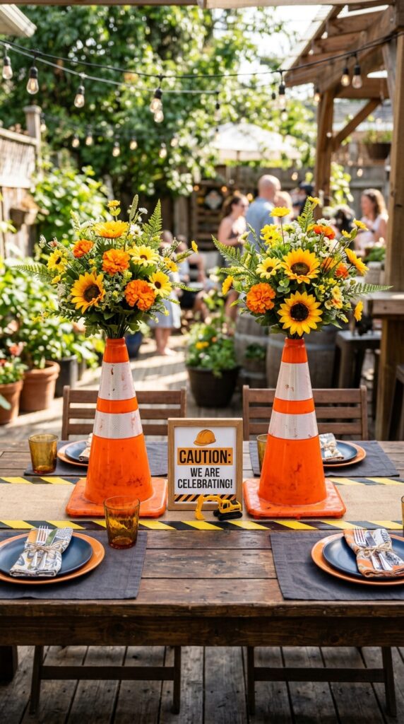 Traffic cone centerpiece with flowers for construction party
