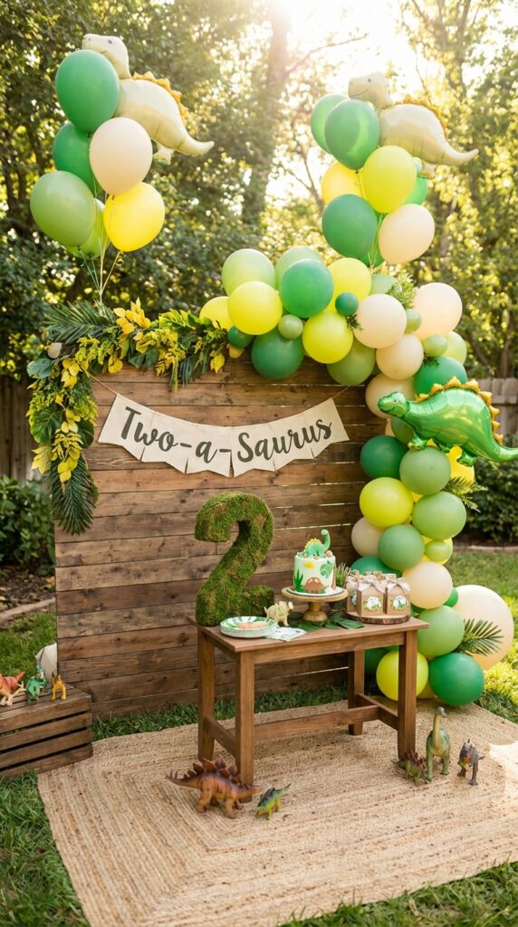 Two-a-saurus dinosaur birthday decoration with number 2 setup