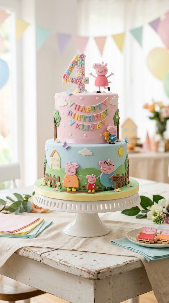 Two-tier Peppa Pig themed birthday cake with pastel decorations