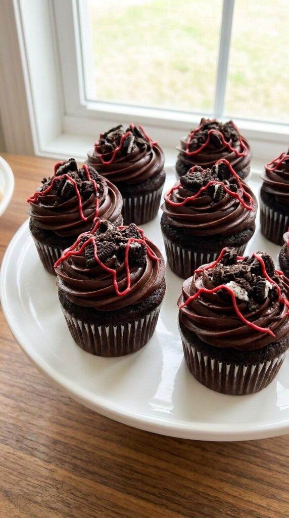 Upside Down themed chocolate cupcakes with dark frosting