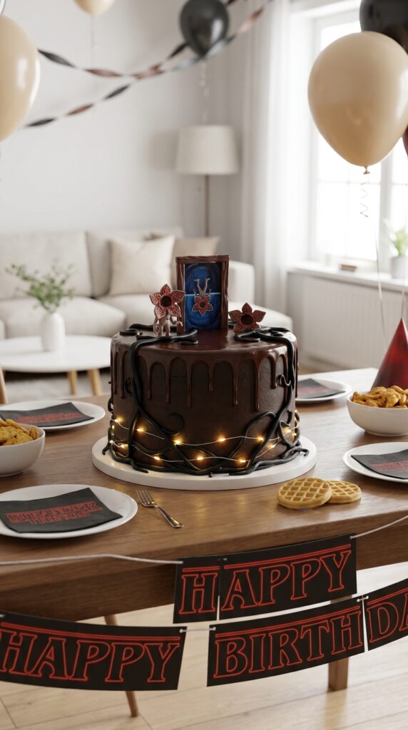 Stranger Things Upside Down themed chocolate drip birthday cake