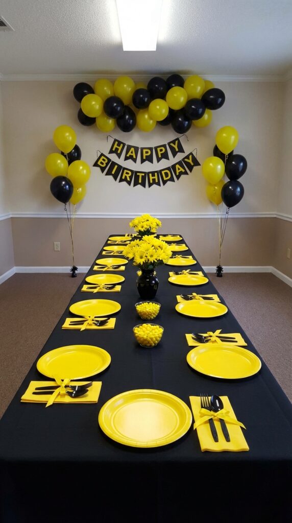 Black and yellow construction themed table setup