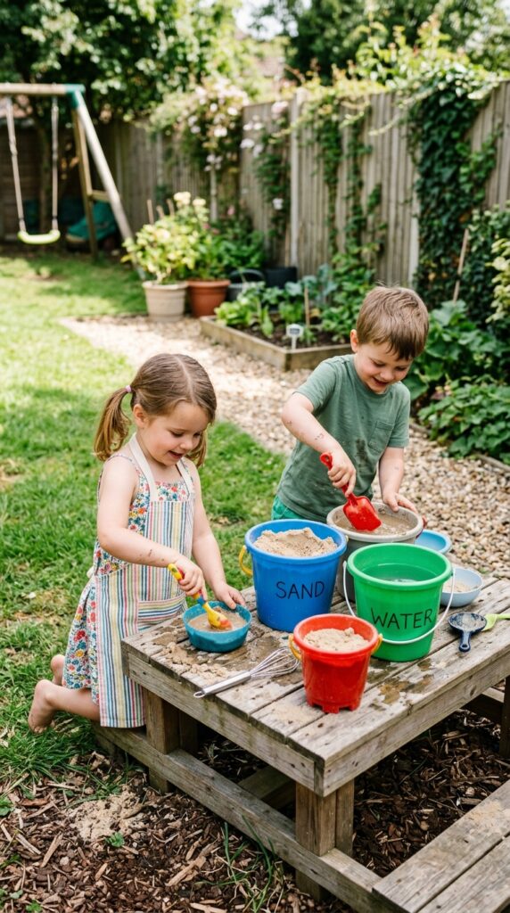 An outdoor play area with containers of sand and water where children safely mix and play, simulating construction activities in a fun, sensory environment.