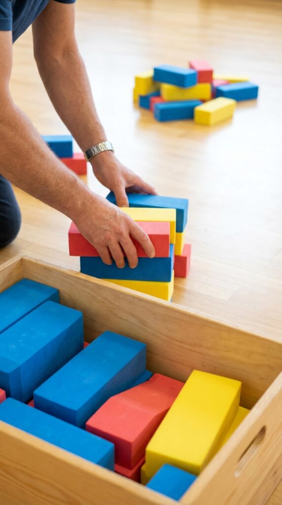 Children use foam bricks or cardboard boxes to build walls or small structures within a designated area, working in teams in a friendly competition to create the best construction