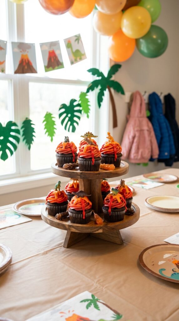 Volcano themed cupcakes with lava icing and party decoration