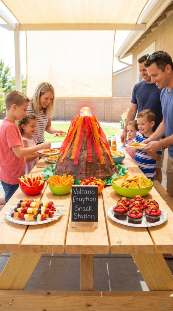 Volcano themed snack table with dinosaur party food