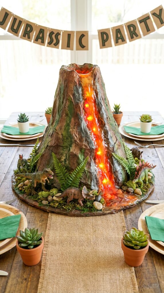 Volcano centerpiece with dinosaur toys and lava effect