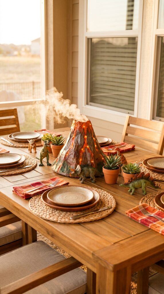 Volcano themed dinosaur birthday table decor