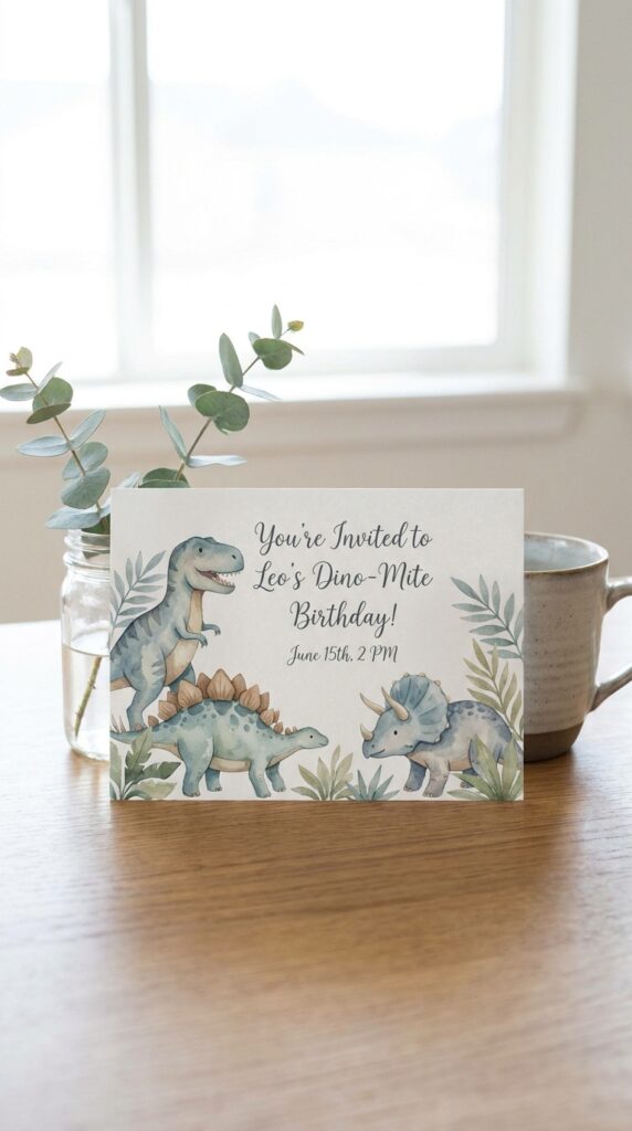 Watercolor dinosaur invitation with soft colors