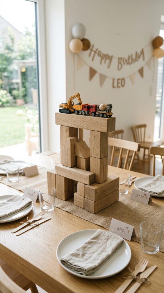 Wooden block stack centerpiece with toy construction vehicles