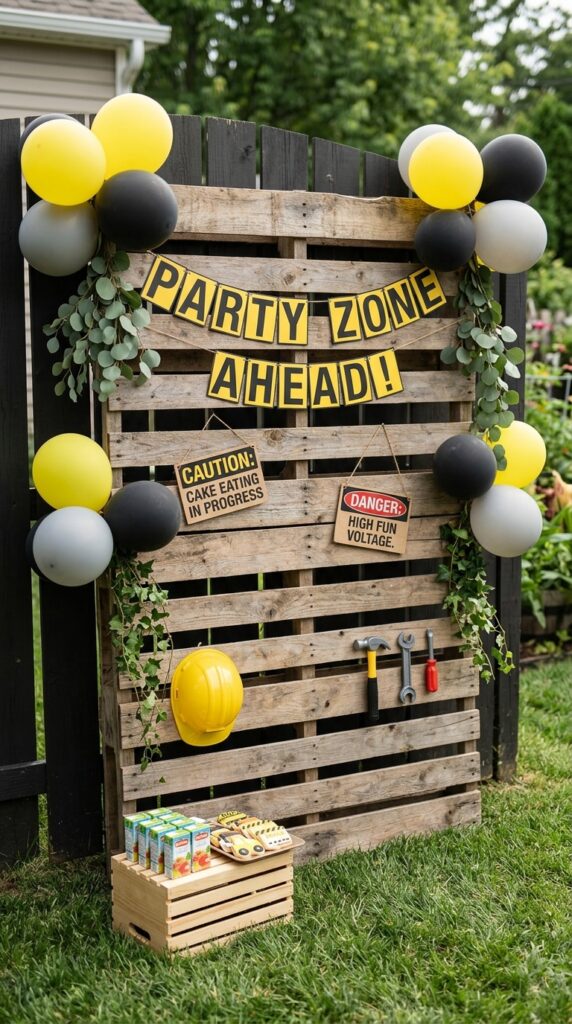 wooden pallet construction birthday backdrop with rustic decor