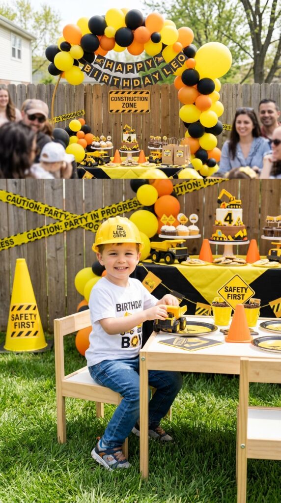 Child wearing yellow hard hat with jeans and t-shirt construction birthday outfit